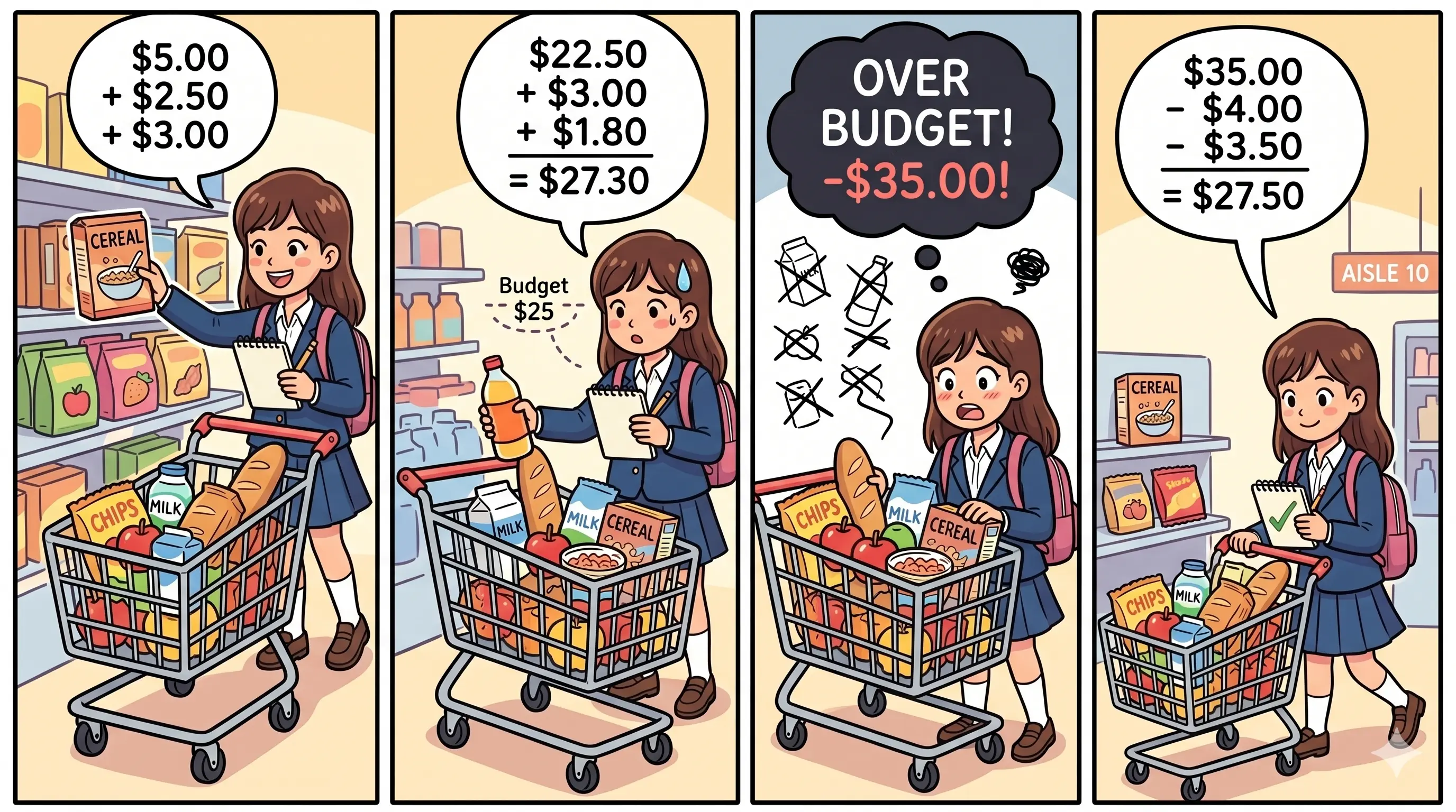 A student shopping for snacks and watching totals change at a supermarket.