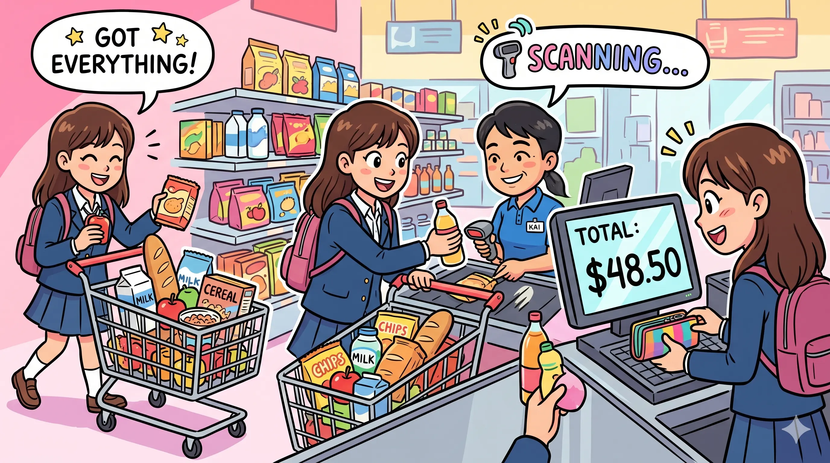 A cashier total appearing on a checkout screen in a daily shopping scene.