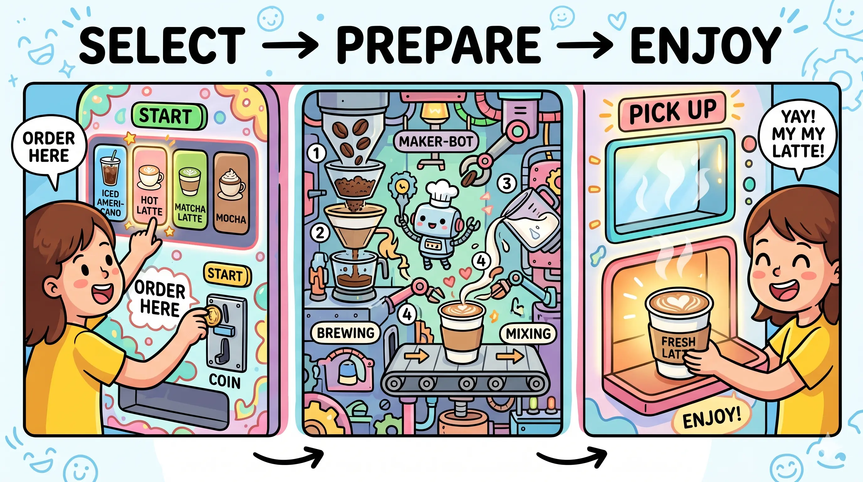 Ordering machine — pick your drink, set the details, get the result