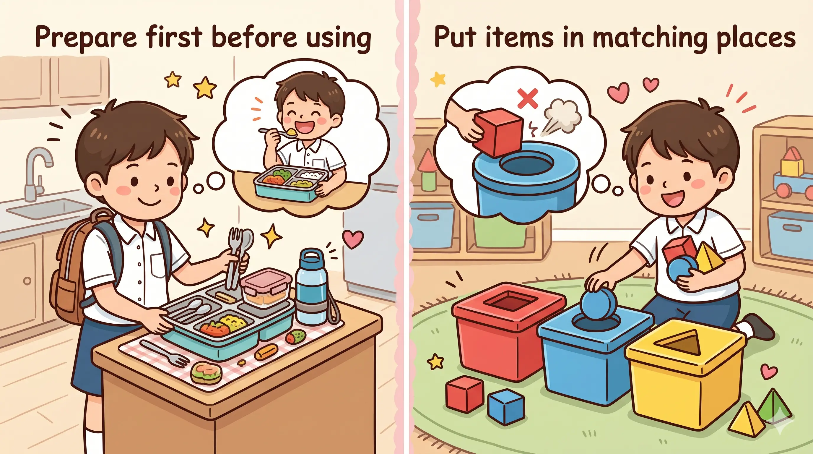A cheerful student prepares items before use and places different objects into matching containers.