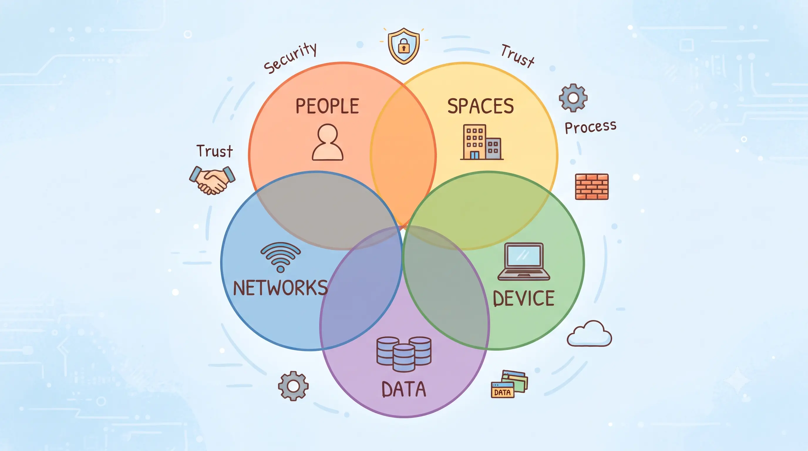 A cartoon illustration of four concentric protection layers — People, Physical, Network, and Data — like an onion, each layer wrapping around the inner one
