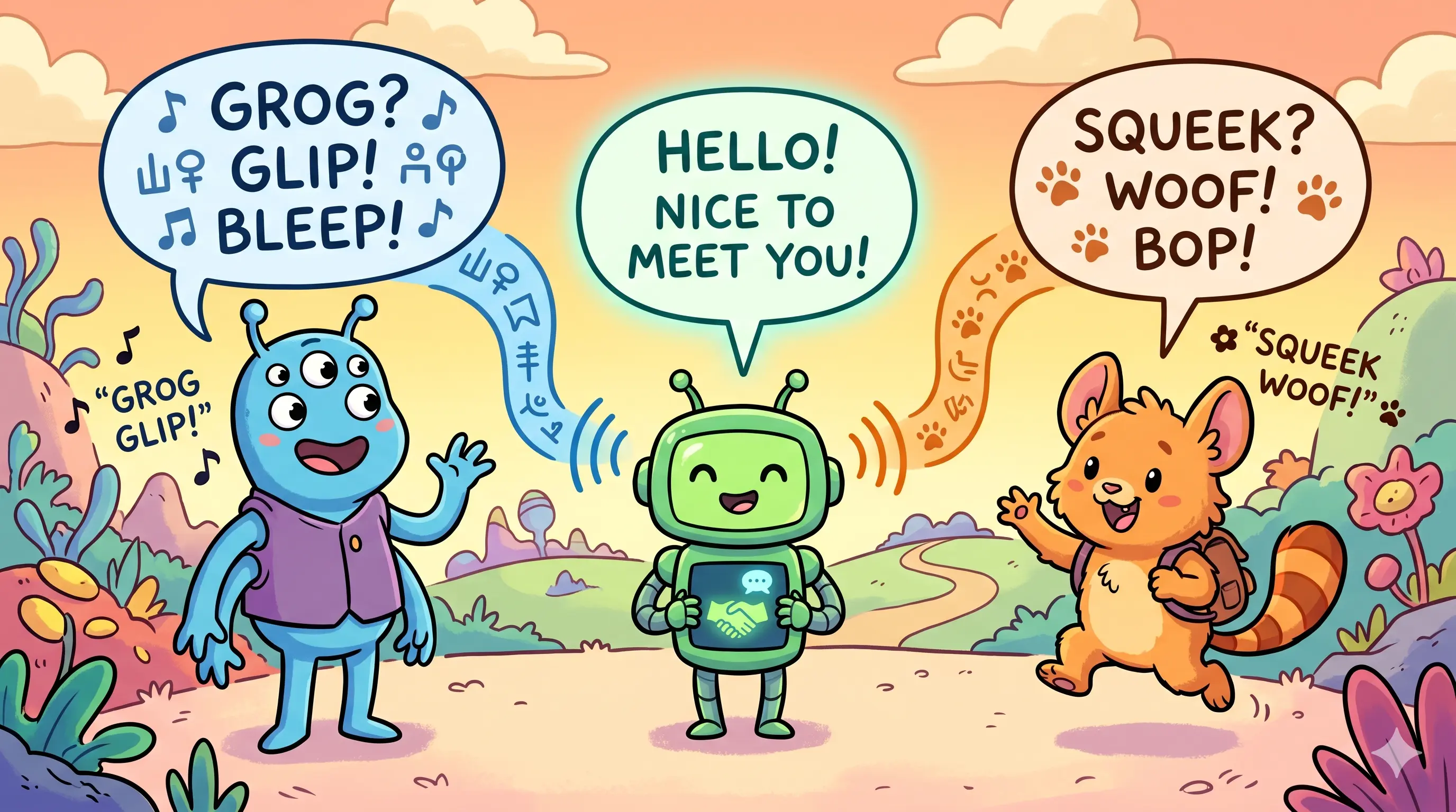 A cheerful translator robot helps two creatures who speak different languages understand each other.