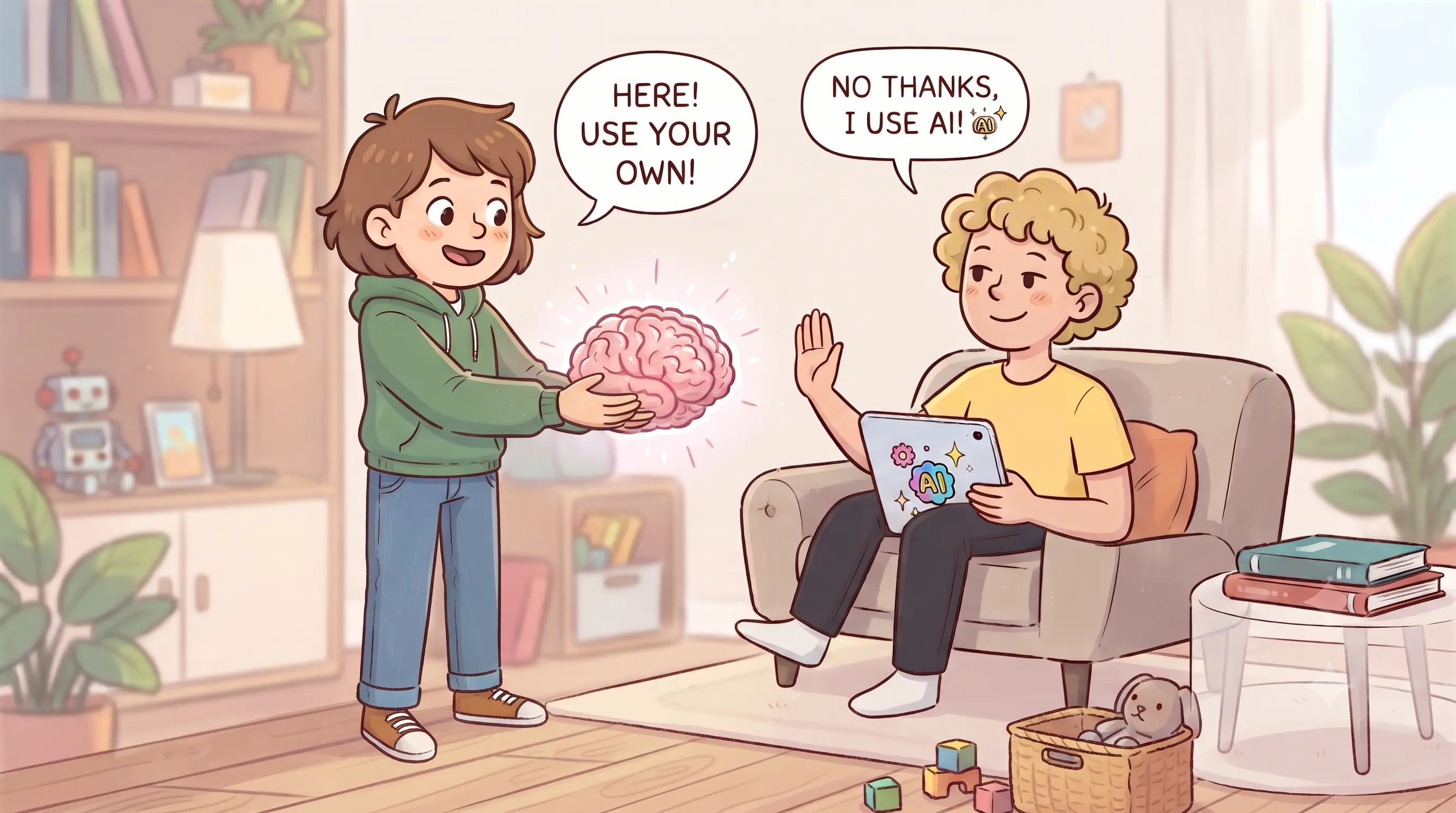 One person offers another person a brain, but the other refuses and says AI is enough.