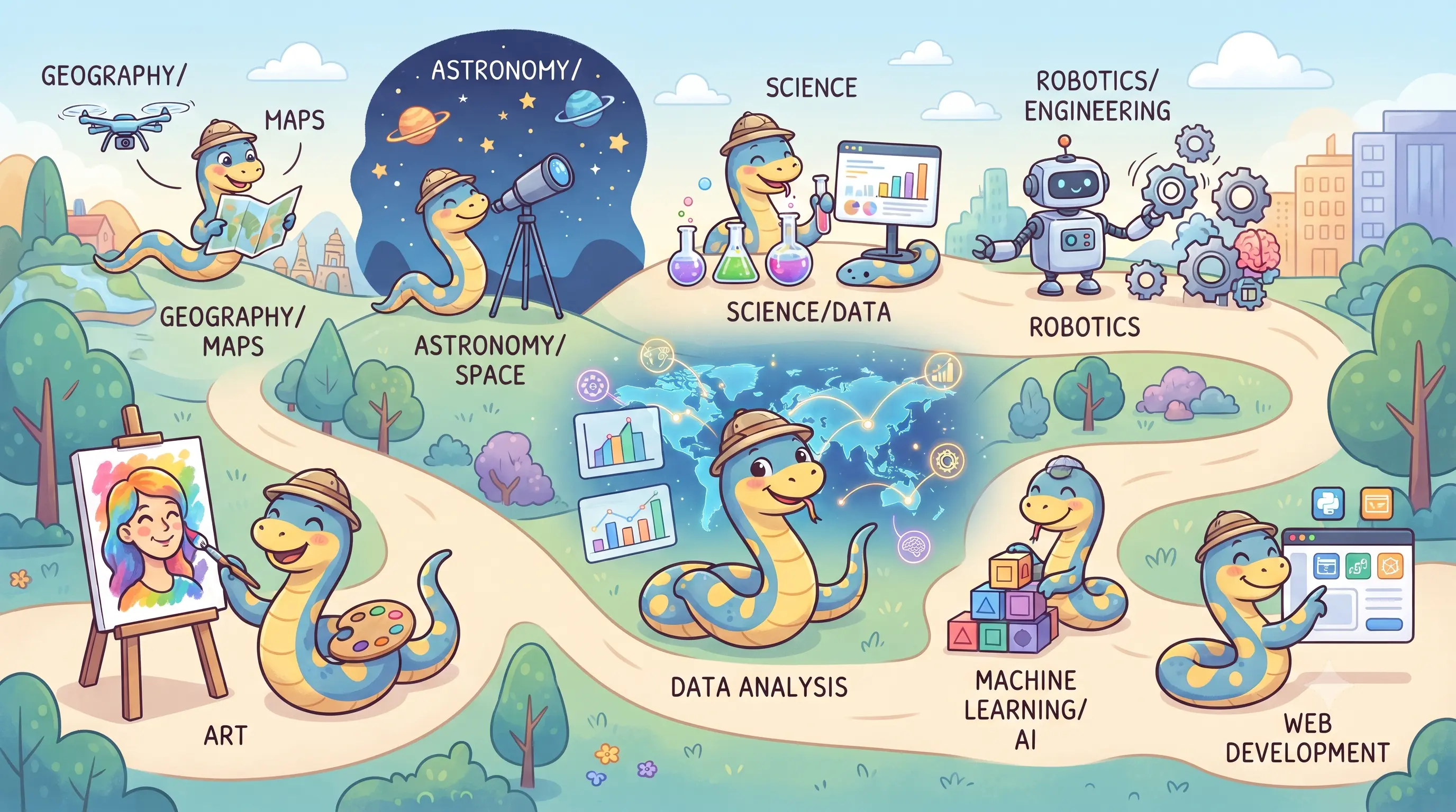 An illustrated map of fields where Python can be used