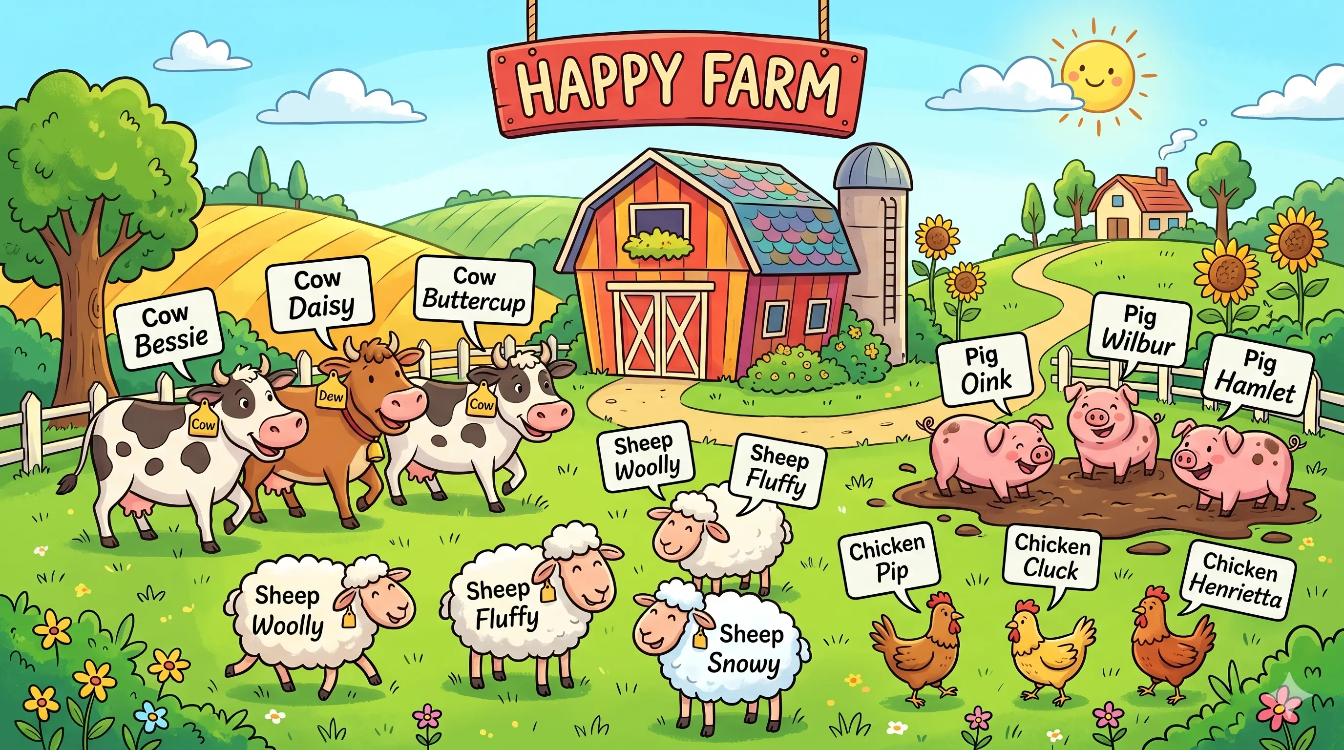 A cartoon farm where each animal has its own name, showing that variables are declared by type first and name second.